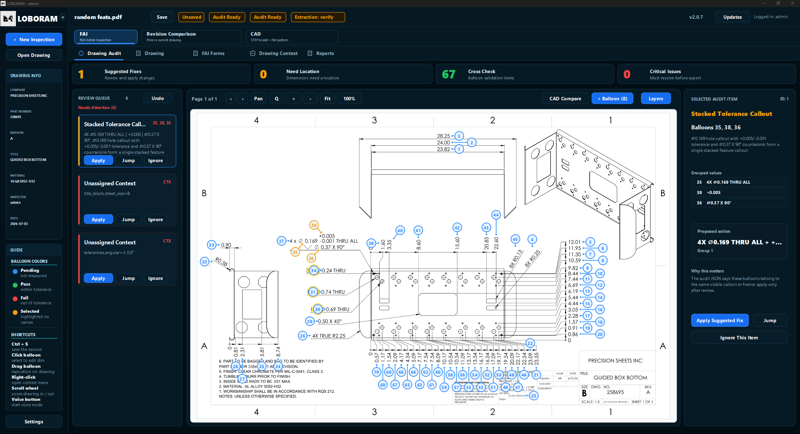 Drawing Audit review queue showing stacked callout items
