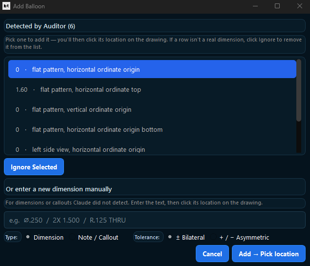 Add Balloon dialog for manually placing a dimension