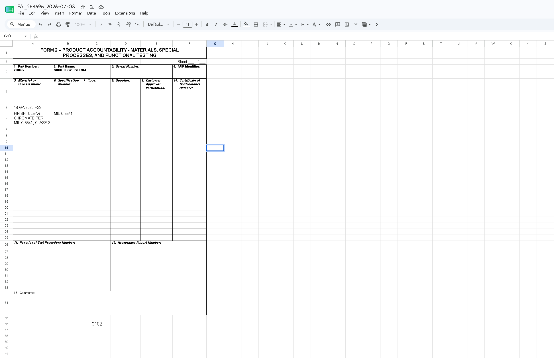 Exported AS9102 Form 2 in Excel