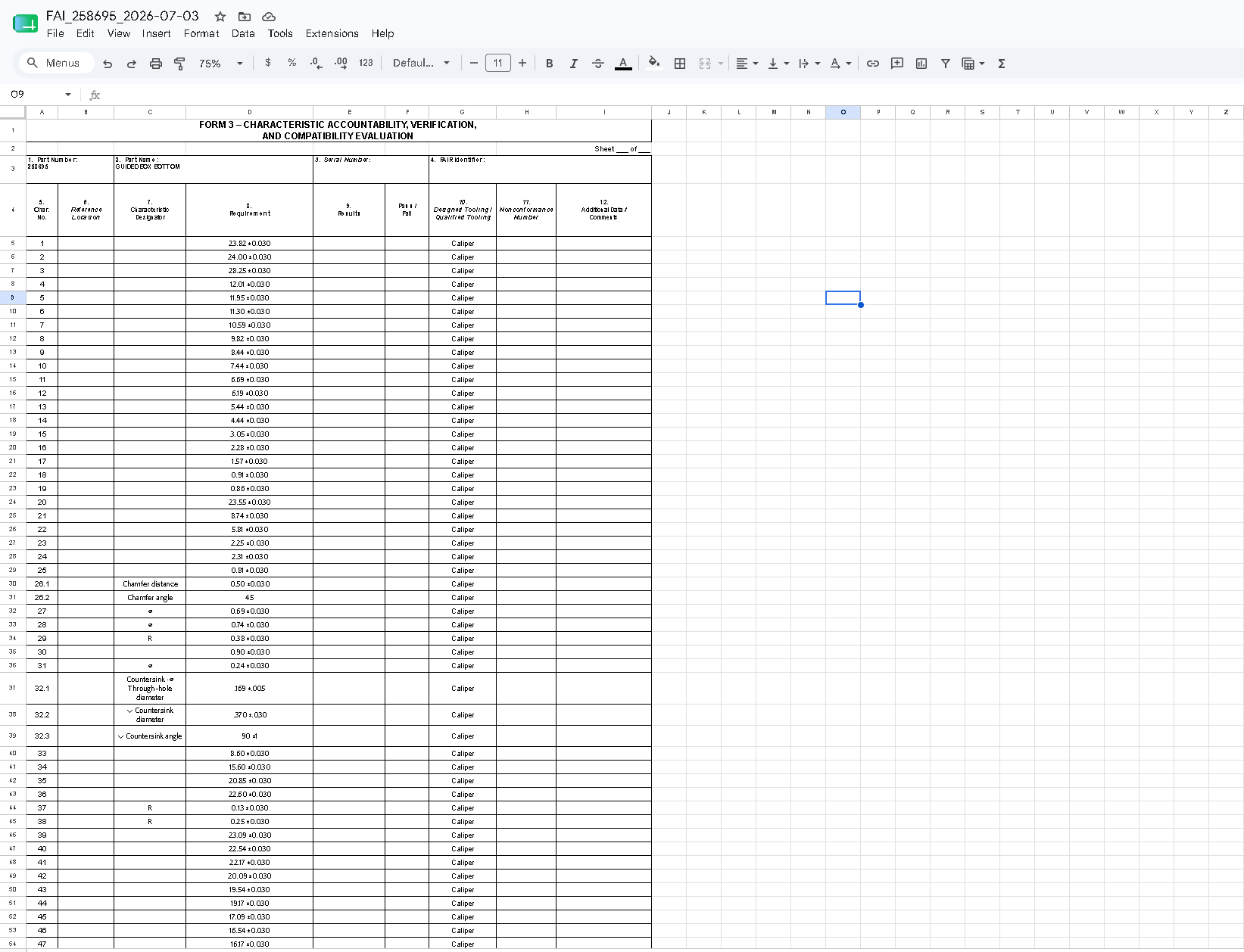 Exported AS9102 Form 3 in Excel with all 66 characteristics